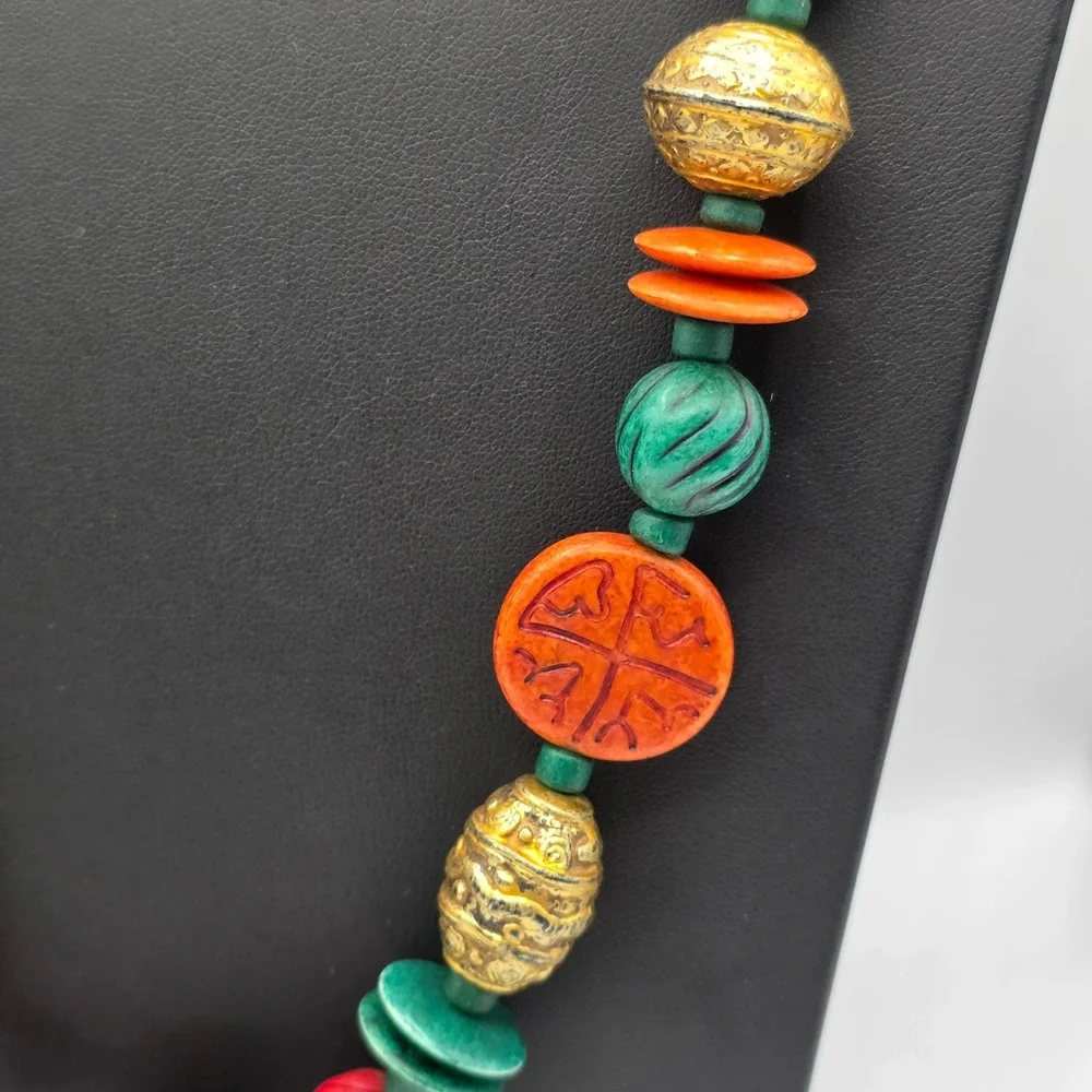 Boho Beaded Necklace Multicolor Carved Wood Gold Filigree‎ Tribal Statement 28in
